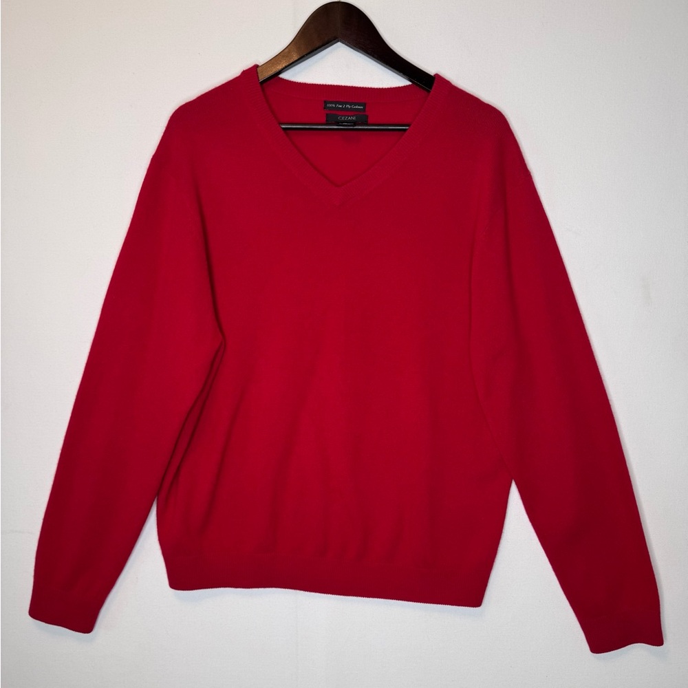 Cezani mens sz XL 100% fine 2 ply‎ cashmere V neck sweater Red Party Festive